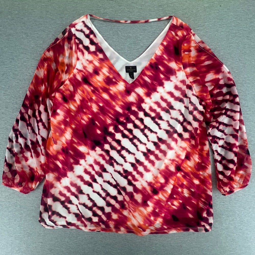 Worthington Blouse Women 1X Red Pink Tie Dye V-Neck 3/4 Sleeve Chiffon‎ Lined